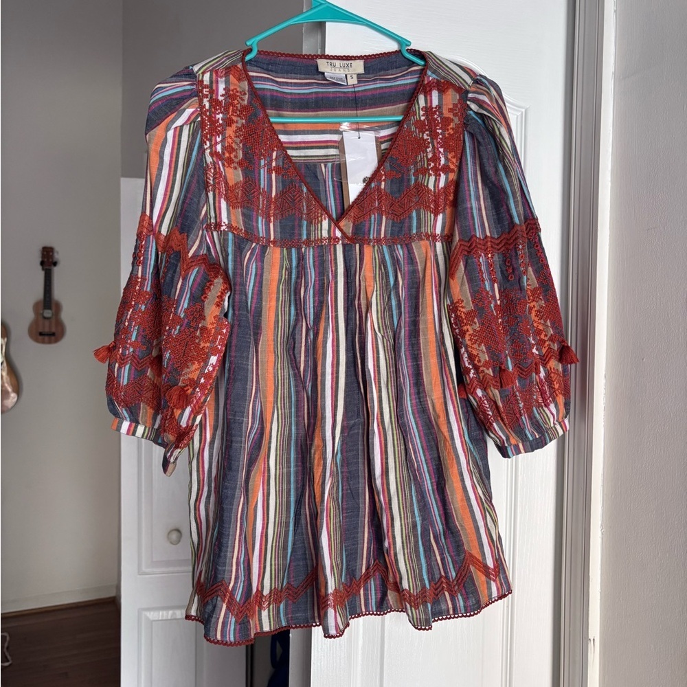 Colorful Striped Women's Blouse with adorable overlay detailing and fringe